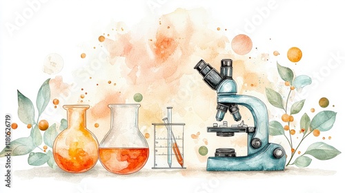 Watercolor Illustration of Scientific Equipment with Beakers, Flasks, Microscope, and Organic Elements