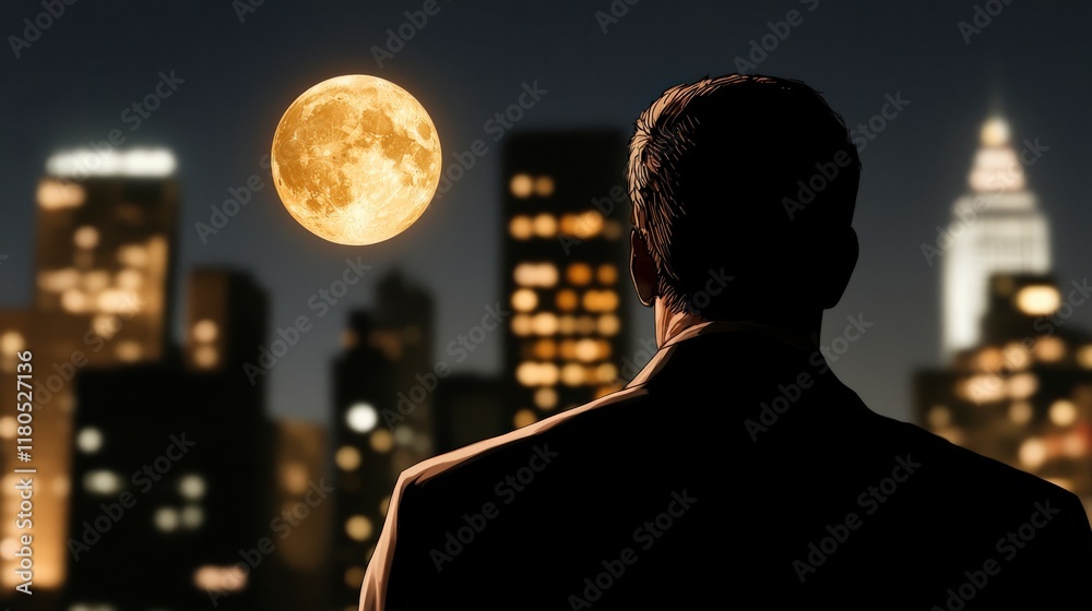 Man in Suit Silhouetted Against Cityscape and Bright Full Moon in Night Sky Over Urban Landscape Man in Suit Silhouetted Against Cityscape and Bright Full Moon in Night Sky Over Urban Landscape
