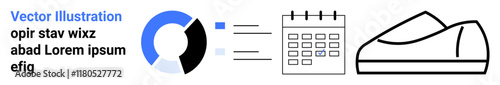 Circular analytics chart, calendar icon, and sports shoe highlight business insights, scheduling, and fitness. Ideal for corporate strategy, productivity, data analysis, fitness planning, wellness
