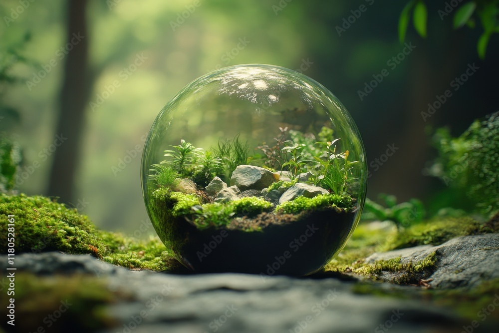 Glass Sphere Enclosing Miniature Forest Ecosystem Glass Sphere Enclosing Miniature Forest Ecosystem