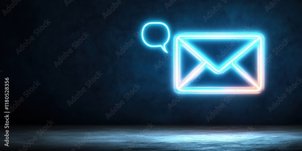 Fototapeta premium Neon Email Icon with Speech Bubble, Glowing on Dark Background