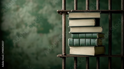 Stack of Old Books Behind Prison Bars