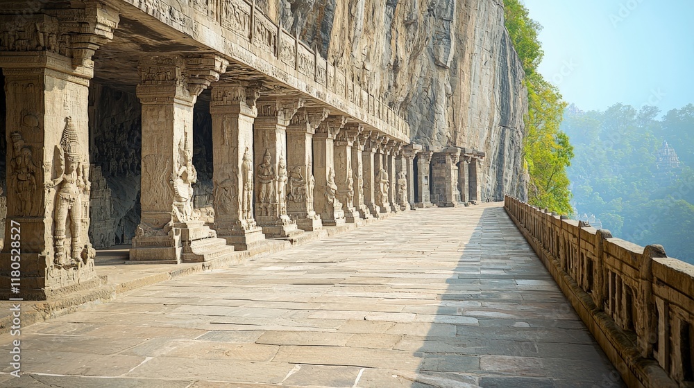 Fototapeta premium Ancient Rock-Cut Architecture Along a Scenic Mountain Path with Intricate Stone Sculptures and Columns