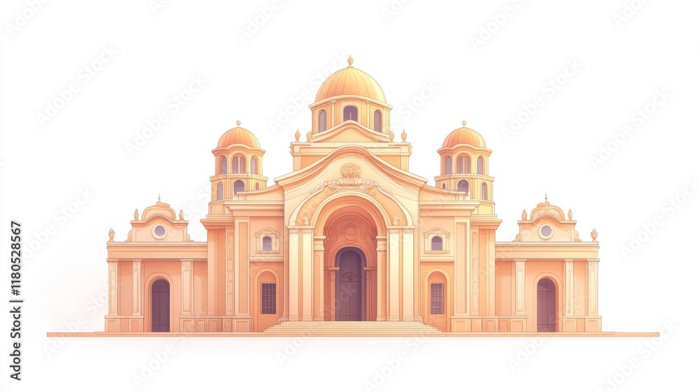 Grand sandstone building with multiple domes and arched entrances. Grand sandstone building with multiple domes and arched entrances.