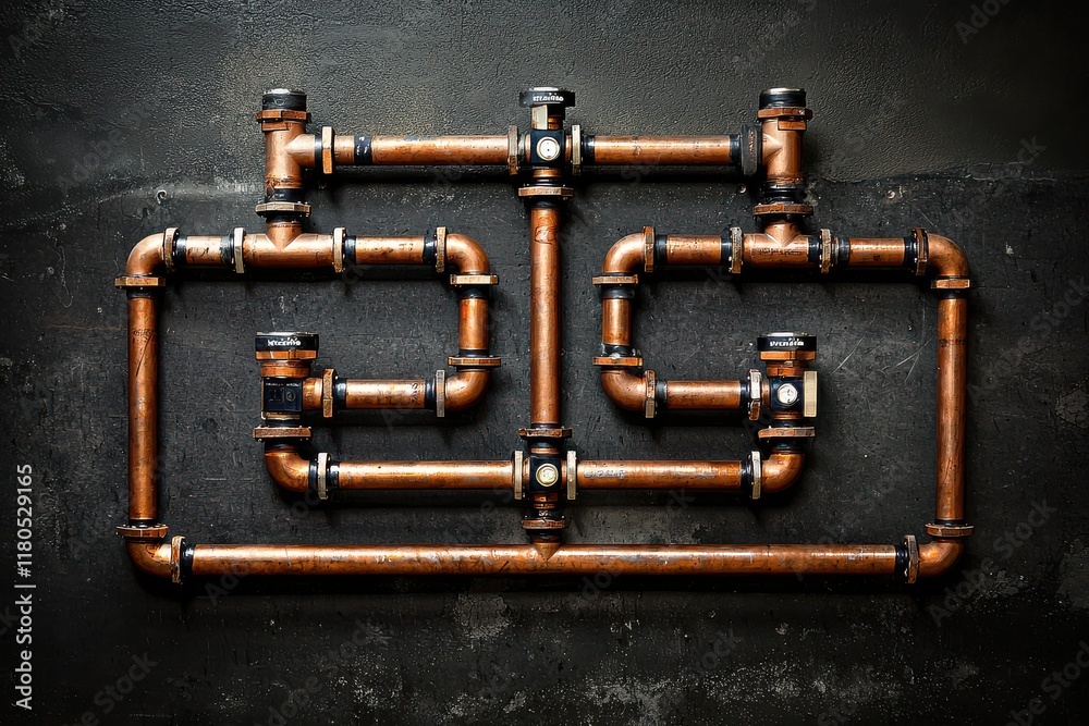 Fototapeta premium Copper pipe maze on a dark concrete wall. Industrial plumbing lines form a square frame and corridors. Symbol of problem solving and efficient workflow. Ideal for business strategy slides.