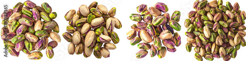 A collection of shelled and unshelled pistachios displaying various shades of green and beige, showcasing their natural variations in color and texture.