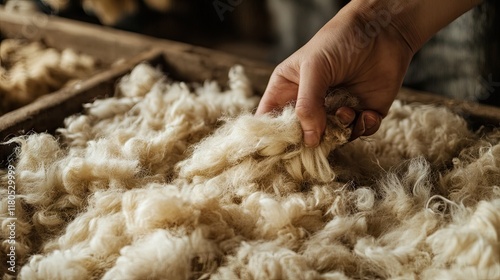 A hand sorting and cleaning raw flax fibers before spinning into linen thread.