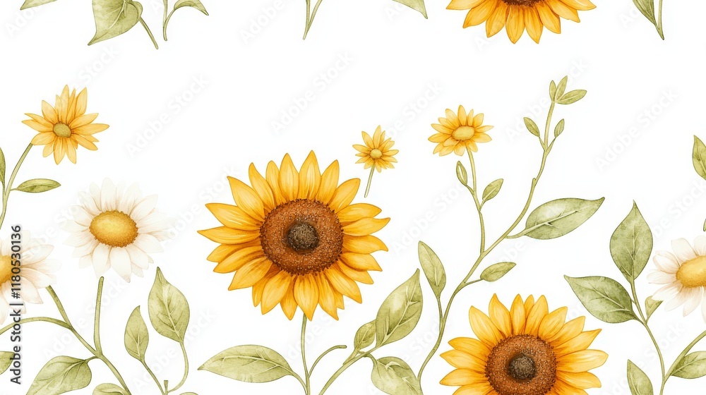 Beautiful Floral Pattern with Sunflowers and Daisies on a White Background for Design Projects Beautiful Floral Pattern with Sunflowers and Daisies on a White Background for Design Projects