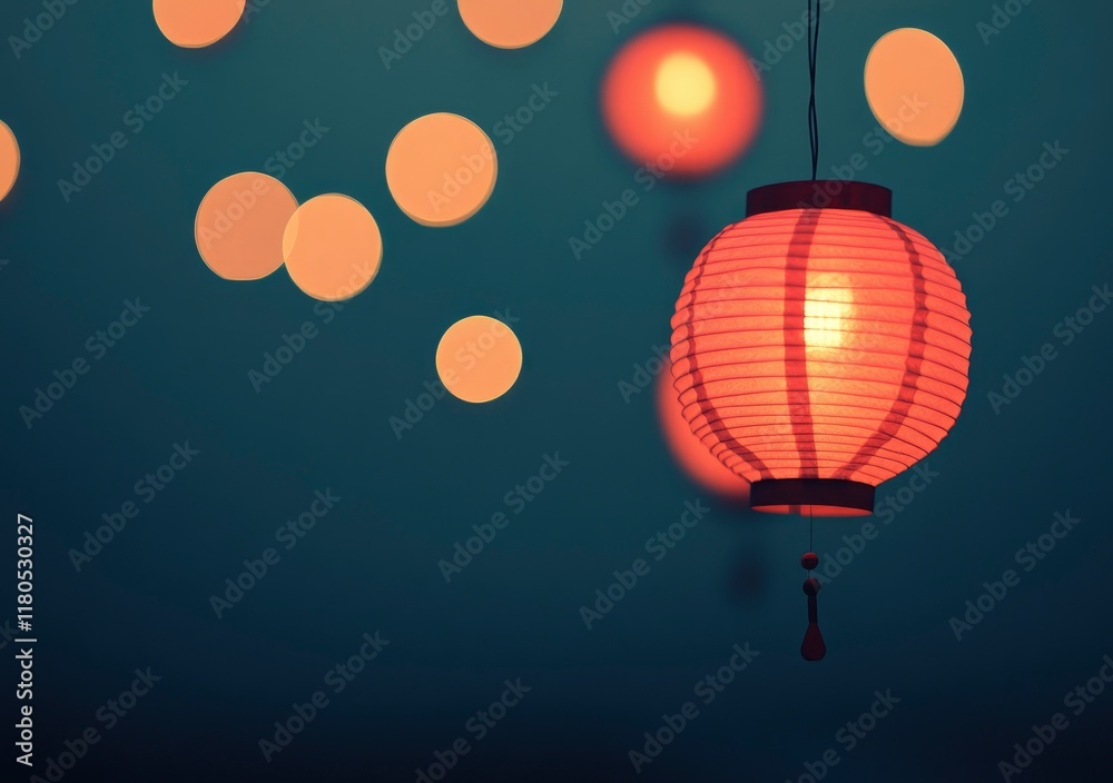 Obraz premium Red lanterns hanging in the sky, a Chinese New Year background with blurred red paper lamps. The festive atmosphere of traditional celebration for family and friends during the Spring Festival.