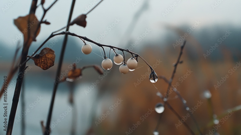 Dew-kissed berries hang on delicate, misty branches, catching the light against a blurred, earthy background in a moment of quiet beauty. Dew-kissed berries hang on delicate, misty branches, catching the light against a blurred, earthy background in a moment of quiet beauty.