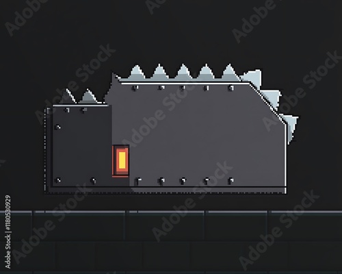 Pixel art depiction of a dark gray metal barrier with spikes and a glowing orange light. photo