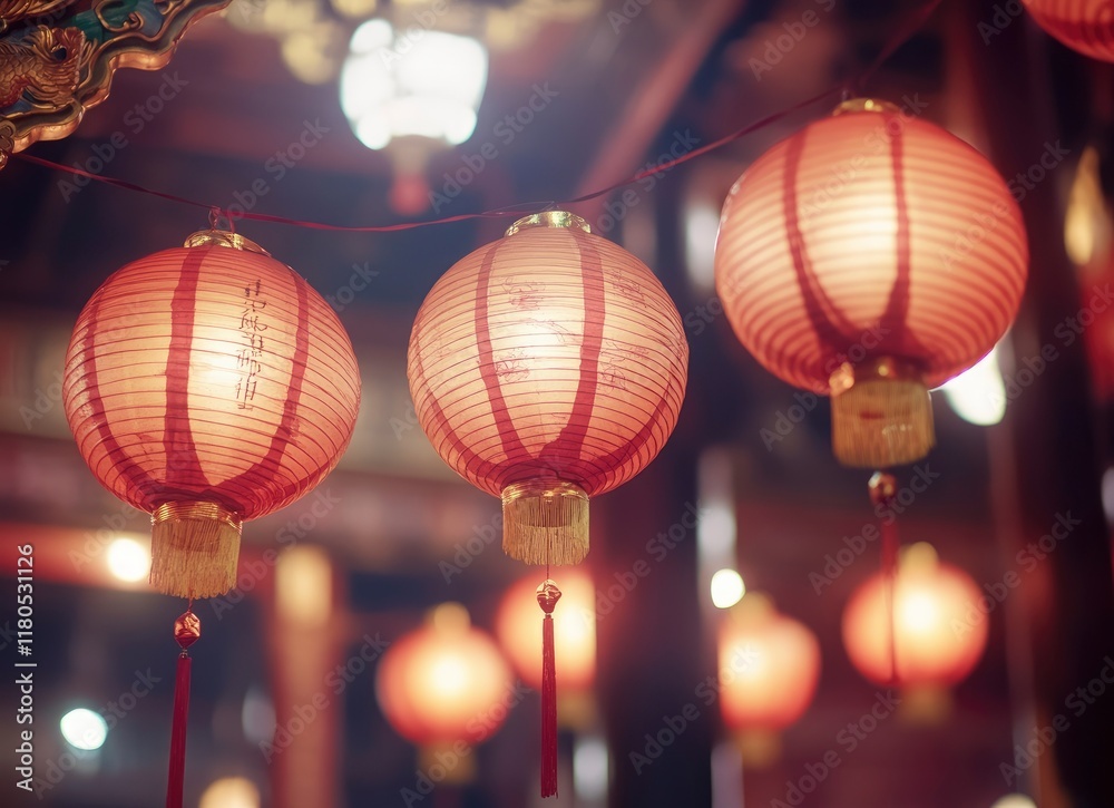 Obraz premium Red lanterns hanging in the temple at night, Chinese New Year background, real photo with high resolution. The ceiling of the place is decorated with red and yellow patterns. There were many people