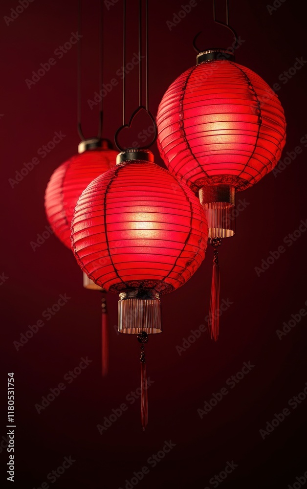 Obraz premium Red lanterns hanging on a dark red background, creating a Chinese New Year festival atmosphere. The style is minimalist, with a simple composition. The photography is high-resolution, with professiona