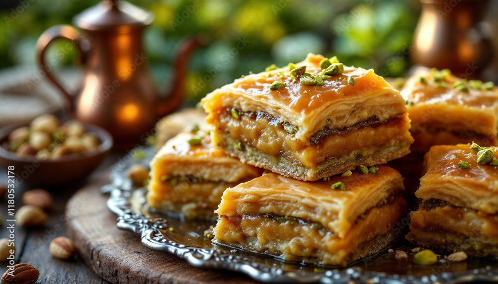 Baklava with pistachios on a silver tray, syrup glistening under warm light.
Baklava with pistachios on a silver tray, syrup glistening under warm light.