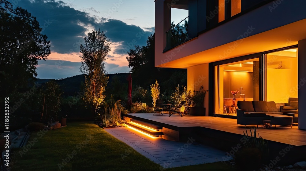Fototapeta premium A modern patio lit up by backup energy during a quiet evening outdoors.