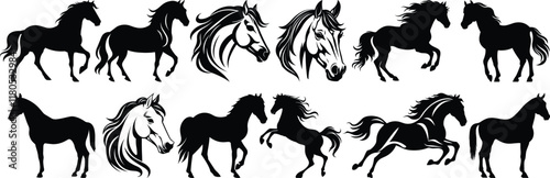 Horse silhouettes set, stallion pack of vector silhouette design, isolated background