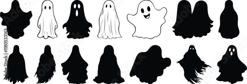 Ghost silhouettes set, spirit pack of vector silhouette design, isolated background