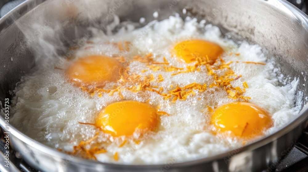 A pot of sugar syrup being prepared, simmering with cardamom and saffron. A pot of sugar syrup being prepared, simmering with cardamom and saffron.