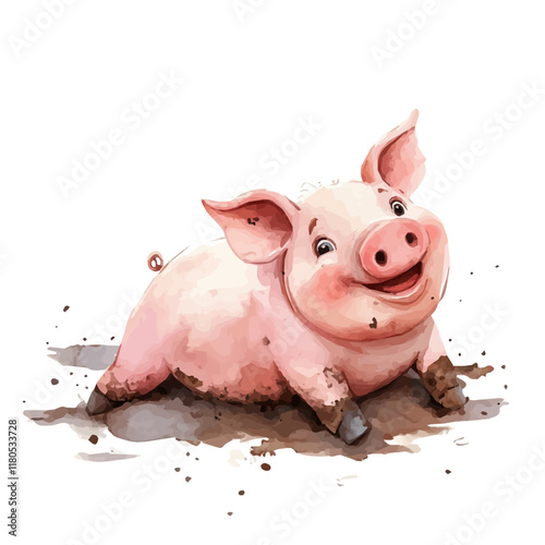 A watercolor painting of a pig rolling in the mud, isolated on a white background. Pig mud vector.
