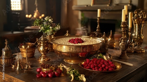A rustic kitchen with kheer being prepared in a traditional brass vessel.
