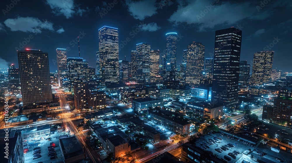 Naklejka premium A vibrant city skyline at night, with bright lights illuminating the buildings and cars moving along the streets below.