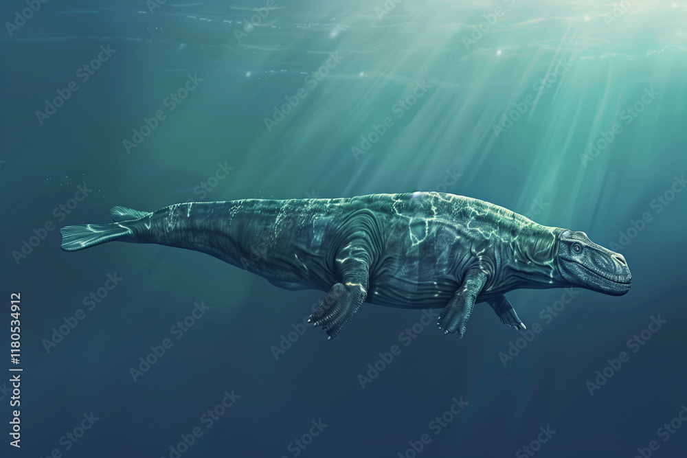 Mosasaurus carnivorous dinosaur navigating the sea floor in a historical illustration of prehistoric marine ecosystems