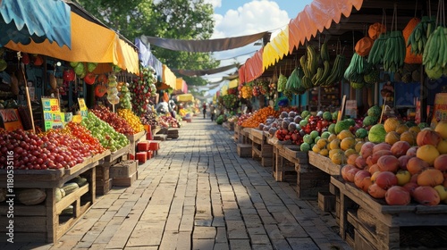 Fototapeta Naklejka Na Ścianę i Meble -  A vibrant marketplace filled with colorful fruits and vegetables under bright awnings. Shoppers are browsing various stalls.