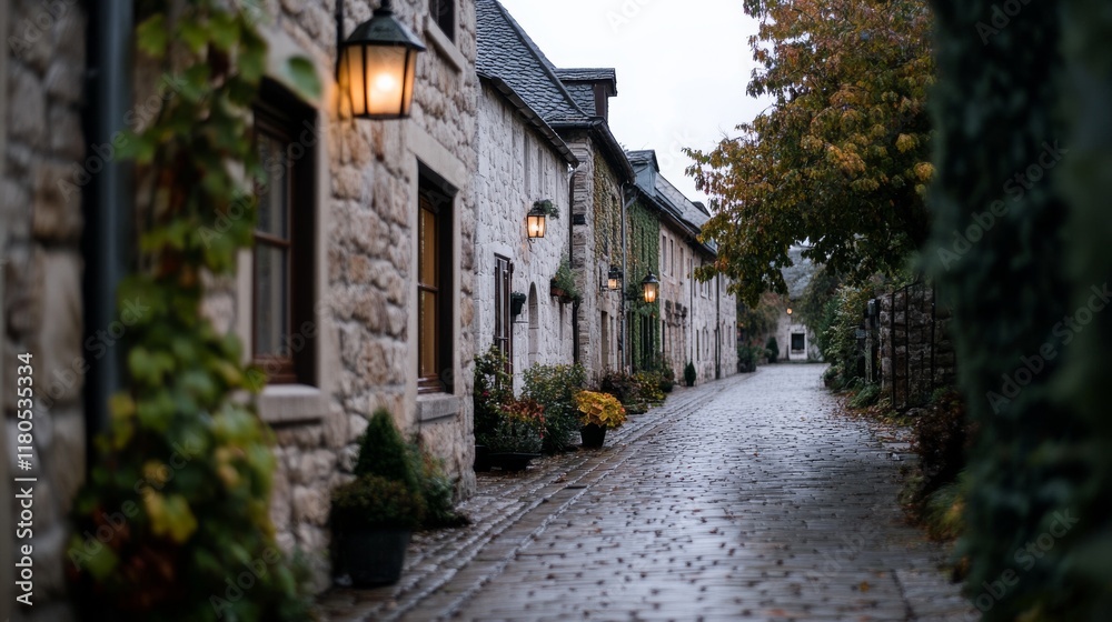 Fototapeta premium A quaint, cobbled street lined with stone houses basking in soft light evokes timeless charm and whispers stories from an old, sleepy town.