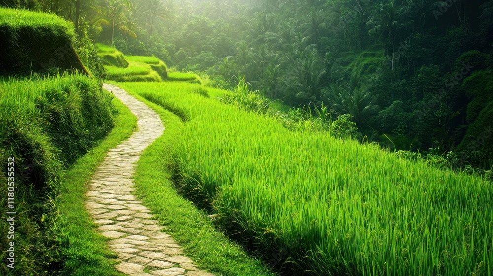 Naklejka premium Winding stone path through vibrant green rice terraces.