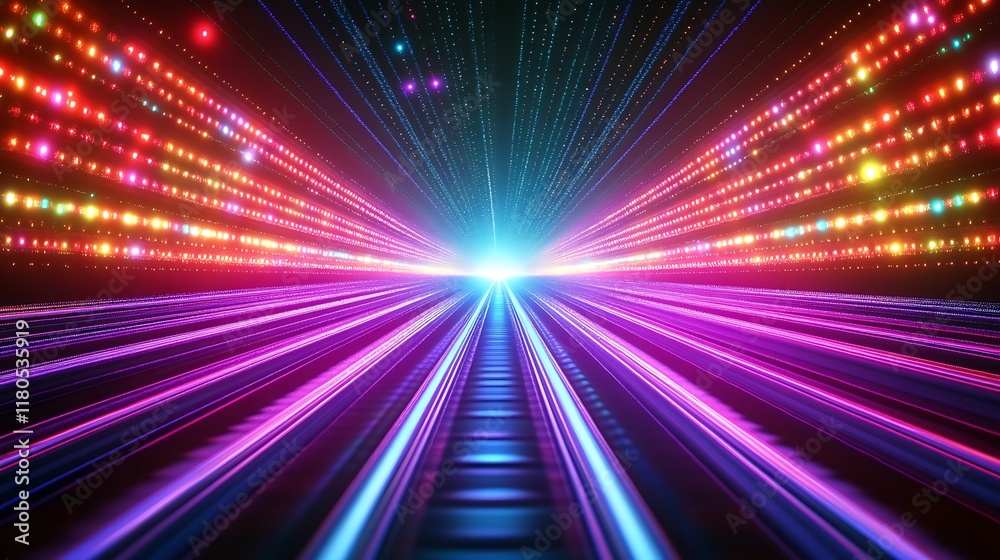 Obraz premium Vibrant Neon Lights Converge on a Futuristic Pathway