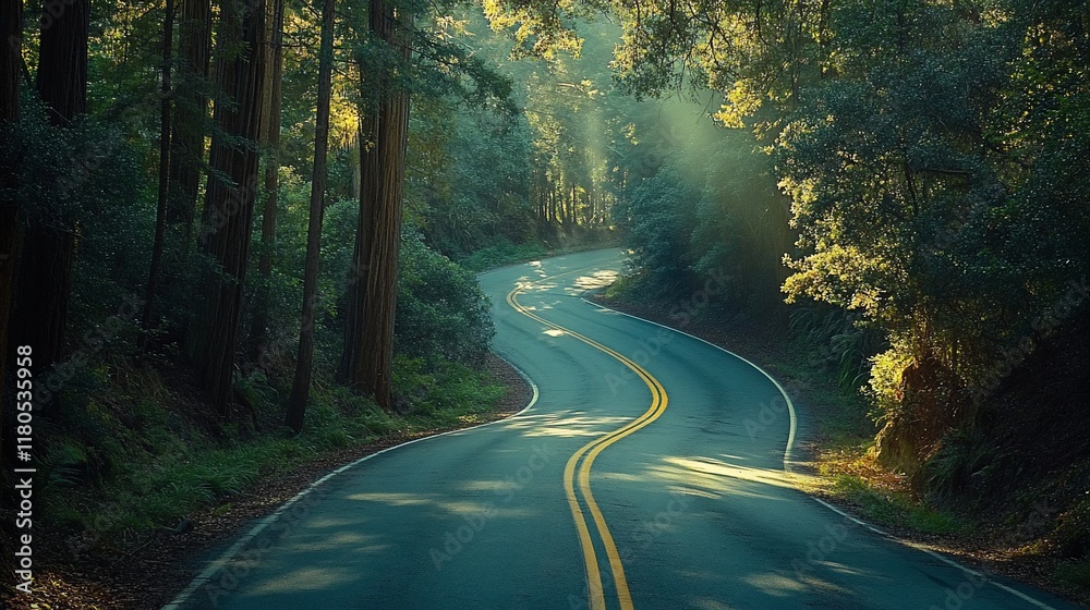 Fototapeta premium Winding road through redwood forest, sunlight streaming