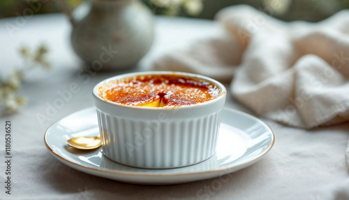 Crème brûlée with caramelized top and creamy custard, set with a golden spoon.

 photo