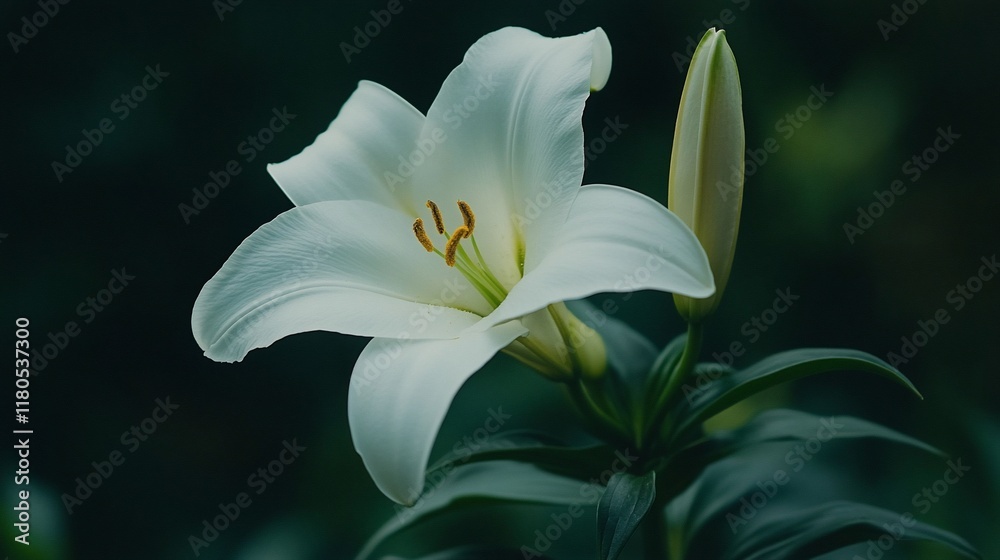 Fototapeta premium White lily blooming, garden background, serenity, nature