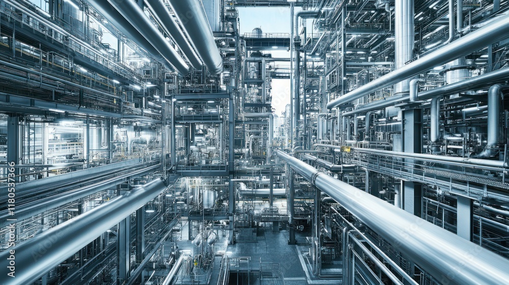Complex network of industrial pipes and structures in a refinery. Complex network of industrial pipes and structures in a refinery.