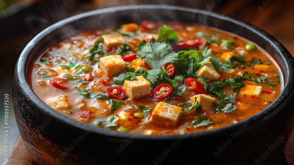 Steaming tofu curry, vibrant spices, herbs. Steaming tofu curry, vibrant spices, herbs.