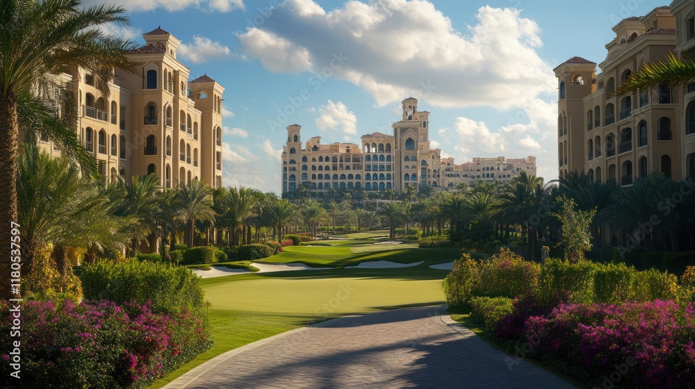 Obraz premium Luxury resort golf course pathway, sunny desert