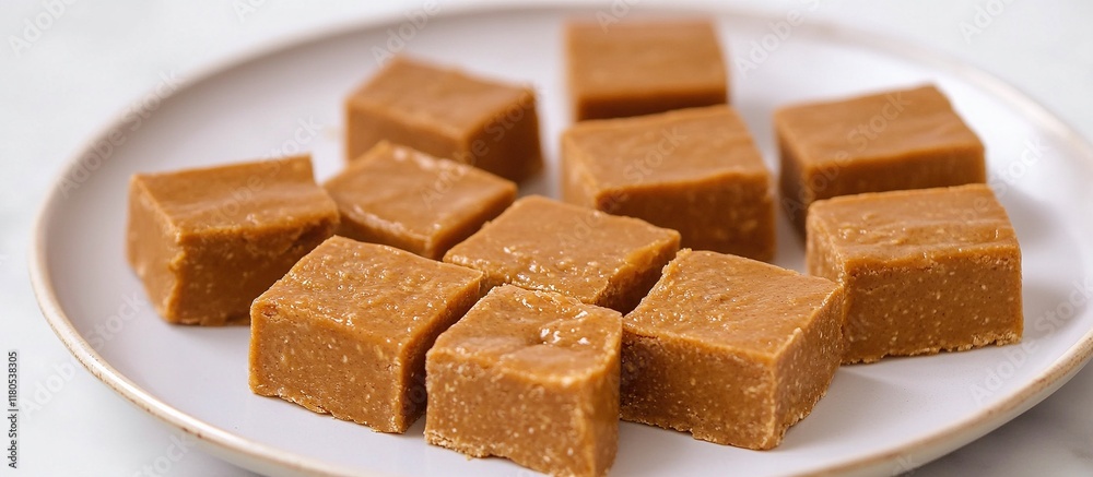 Plate of homemade caramel fudge cubes. Plate of homemade caramel fudge cubes.