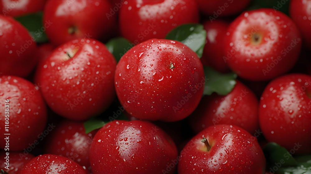 Fresh and Juicy Red Apples with Water Drops Surrounded by Green Leaves for Healthy Eating Fresh and Juicy Red Apples with Water Drops Surrounded by Green Leaves for Healthy Eating