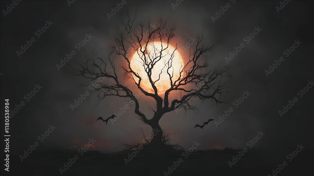 Spooky Silhouette of a Dead Tree Under Full Moon with Bats and Foggy Background at Night Spooky Silhouette of a Dead Tree Under Full Moon with Bats and Foggy Background at Night