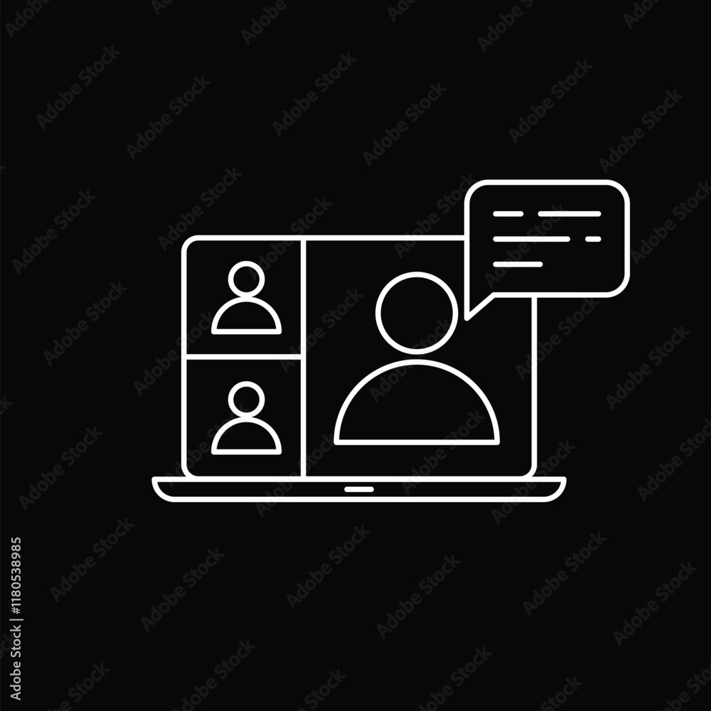 Video conference icon. People on computer screen. Home office in quarantine times. Digital communication. Internet teaching media. Vector illustration. Video conference icon. People on computer screen. Home office in quarantine times. Digital communication. Internet teaching media. Vector illustration.