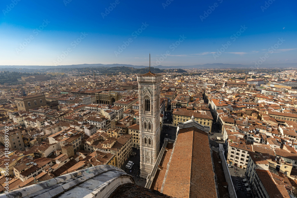 View from the top of the Duomo towards the Bell Tower in Florence, Italy View from the top of the Duomo towards the Bell Tower in Florence, Italy