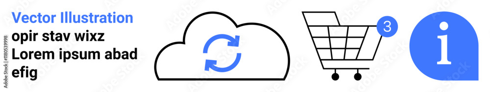 Cloud icon with sync symbol, shopping cart with notification badge, information icon. Ideal for digital services, e-commerce, cloud storage, online shopping, notifications, information services Cloud icon with sync symbol, shopping cart with notification badge, information icon. Ideal for digital services, e-commerce, cloud storage, online shopping, notifications, information services