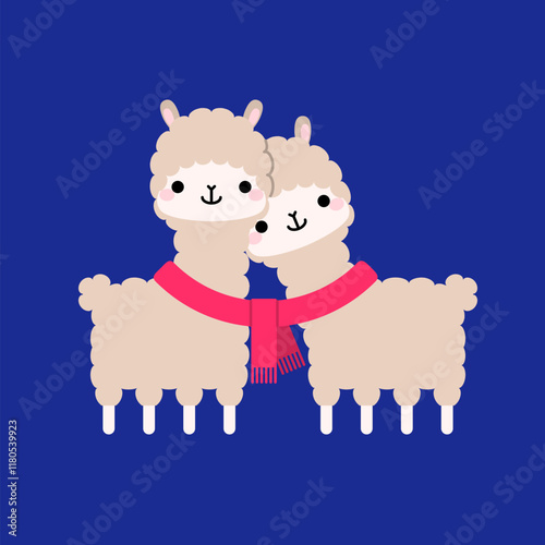 Cute cartoon alpaca couple in one red scarf. Romantic Valentine's Day greeting card template or wedding invitation card design. Vector illustration.