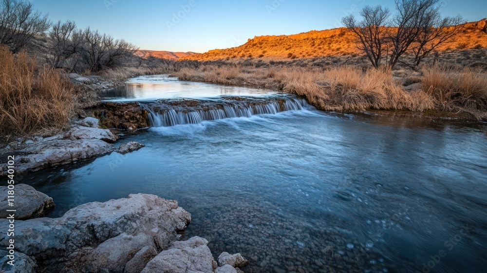 Calm river flowing over small waterfall at sunset. Calm river flowing over small waterfall at sunset.
