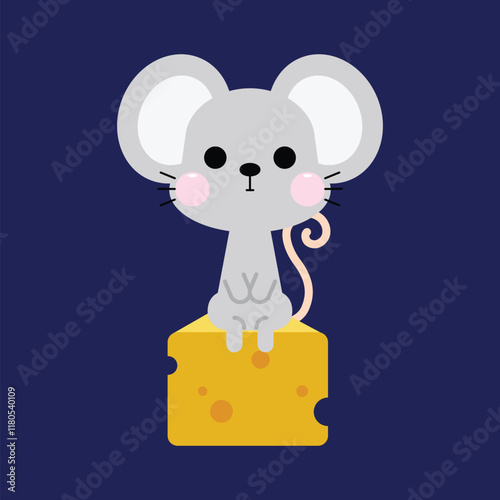 Cute little mouse with big ears sitting on a piece of cheese. Cartoon style mice character designed for kids. Vector illustration.