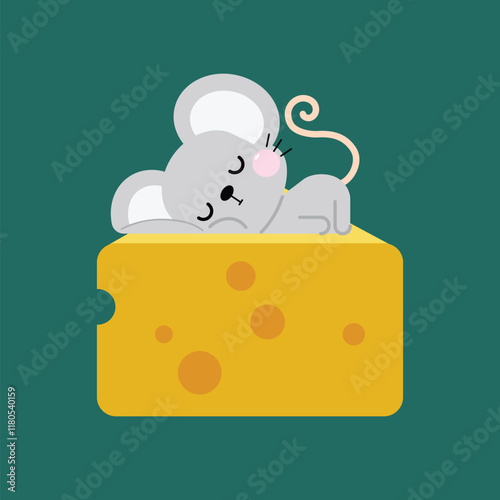 Cute little mouse with big ears lying on a piece of cheese. Cartoon style mice character designed for kids. Vector illustration.