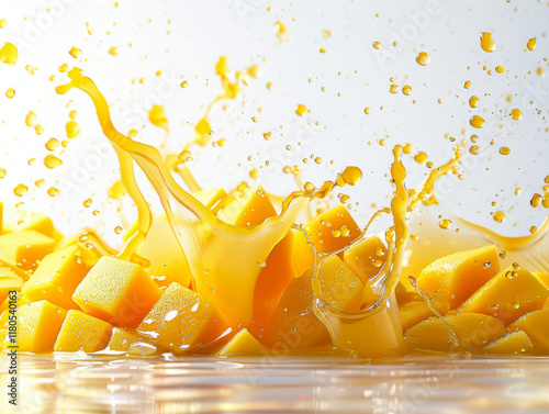 circular mango juice splash swirl, mango floating isolated white background