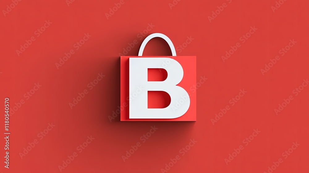 Red shopping bag with white letter B on red background. Red shopping bag with white letter B on red background.