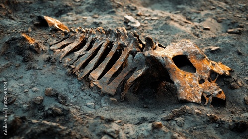 A weathered animal skeleton rests partially buried in dry earth, its sun-bleached bones reflecting the passage of time and life's fragility. photo