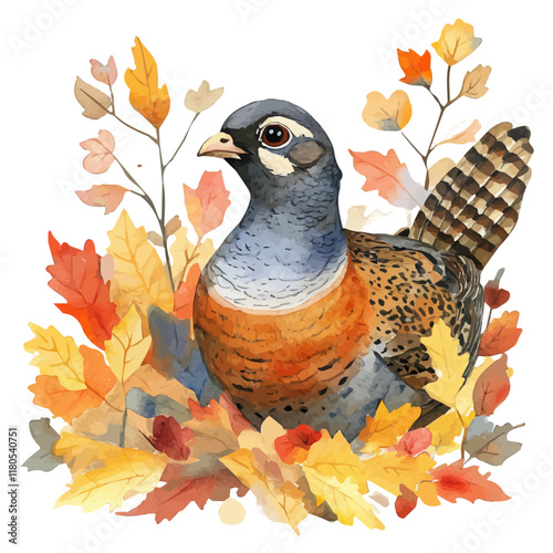 A watercolor painting of a pheasant hiding in autumn leaves, isolated on a white background. Pheasant autumn leaves vector.
